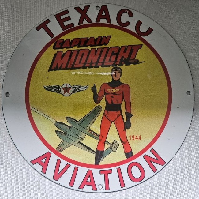1944 Texaco Captain Midnight Aviation Porcelain Sign - Retro Superhero Meets Classic Aviation (1 of 2)