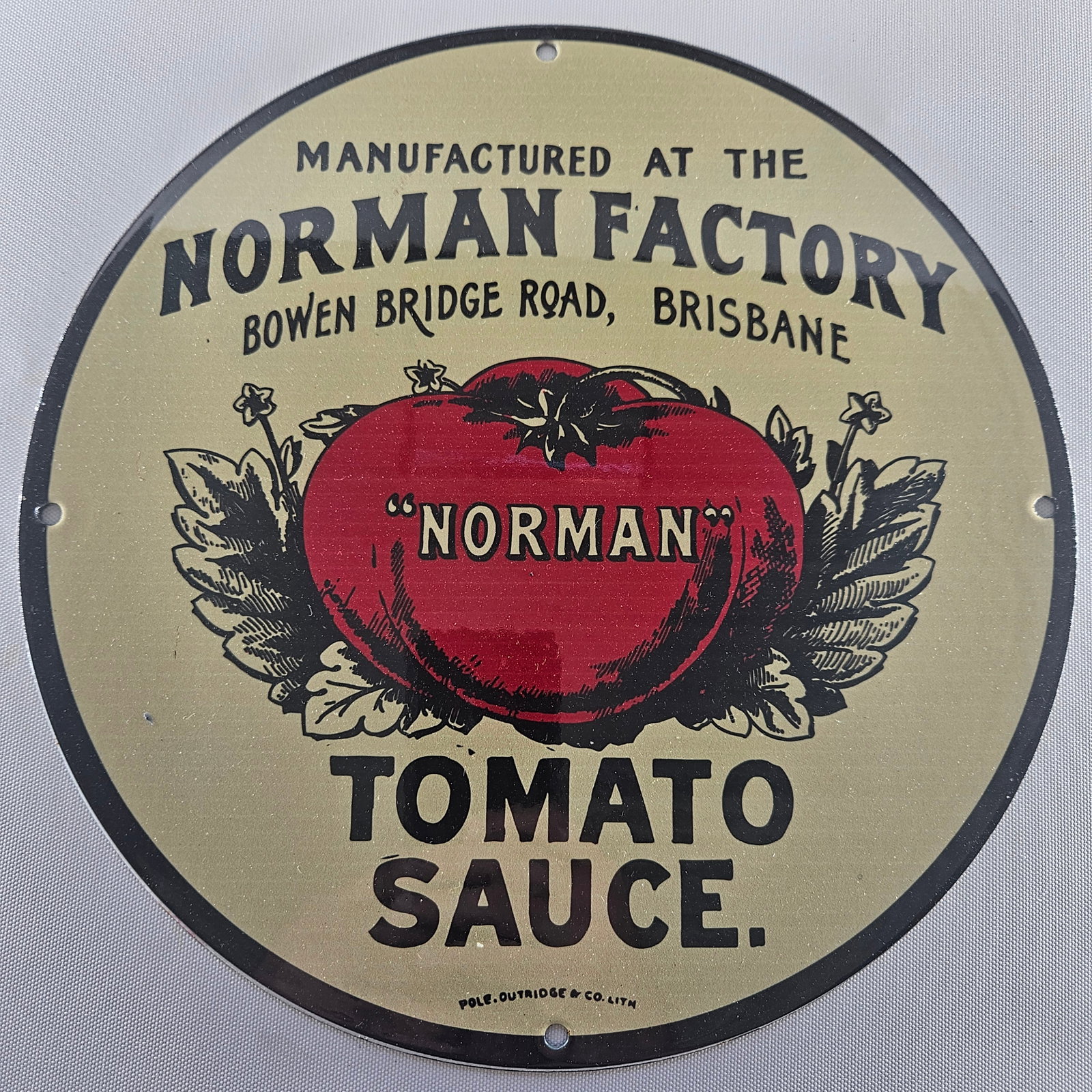 NORMAN FACTORY TOMATO SAUCE GAS OIL GARAGE MAN CAVE PORCELAIN SIGN: Discover a piece of advertising history with this NORMAN FACTORY TOMATO SAUCE memorabilia. Featuring vibrant colors and classic design, it evokes the nostalgic charm of early 20th-century marketing. M