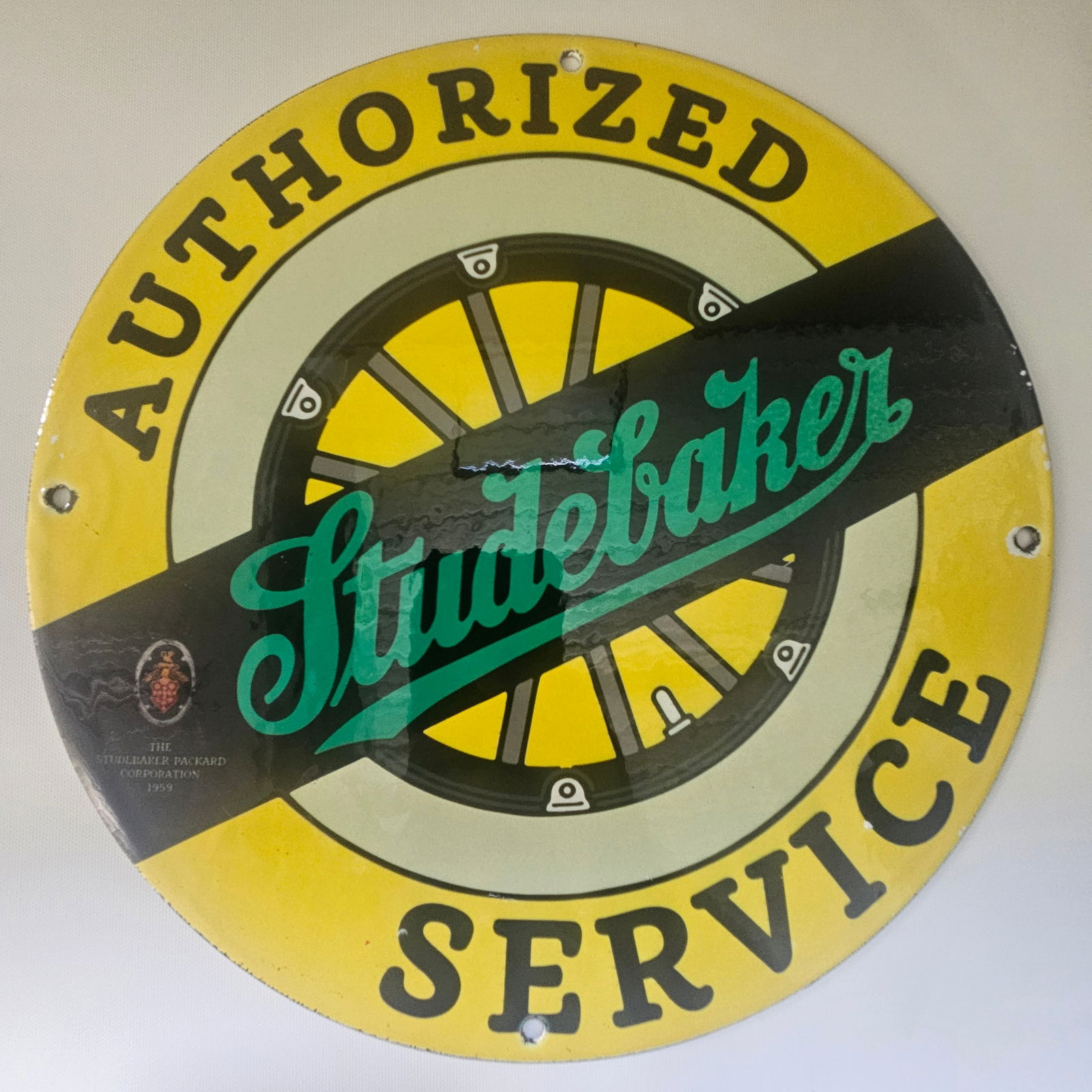 1959 STUDEBAKER AUTHORIZED SERVICE GAS OIL GARAGE MAN CAVE PORCELAIN SIGN (1 of 2)