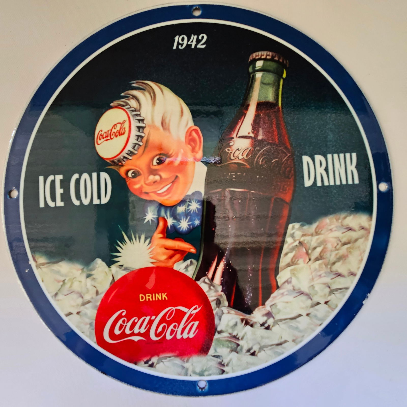 1942 ICE COLD DRINK COCA-COLA GAS OIL GARAGE MAN CAVE PORCELAIN SIGN (1 of 2)