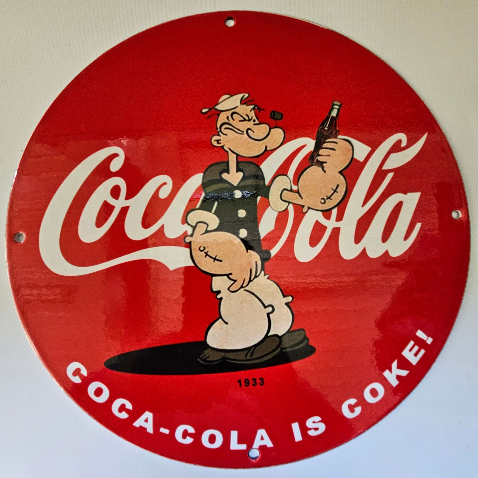 COCA-COLA SOFT DRINK "POPEYE" GAS OIL GARAGE MAN CAVE PORCELAIN SIGN (1 of 2)
