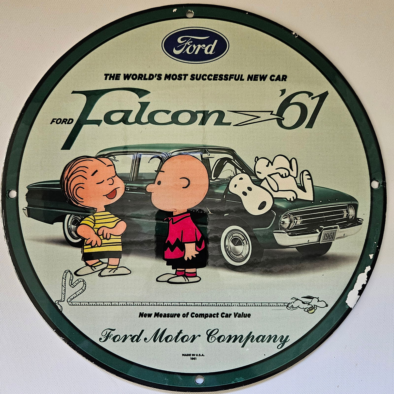 1961 FORD MOTOR COMPANY "PEANUTS" GAS OIL GARAGE MAN CAVE PORCELAIN SIGN (1 of 2)