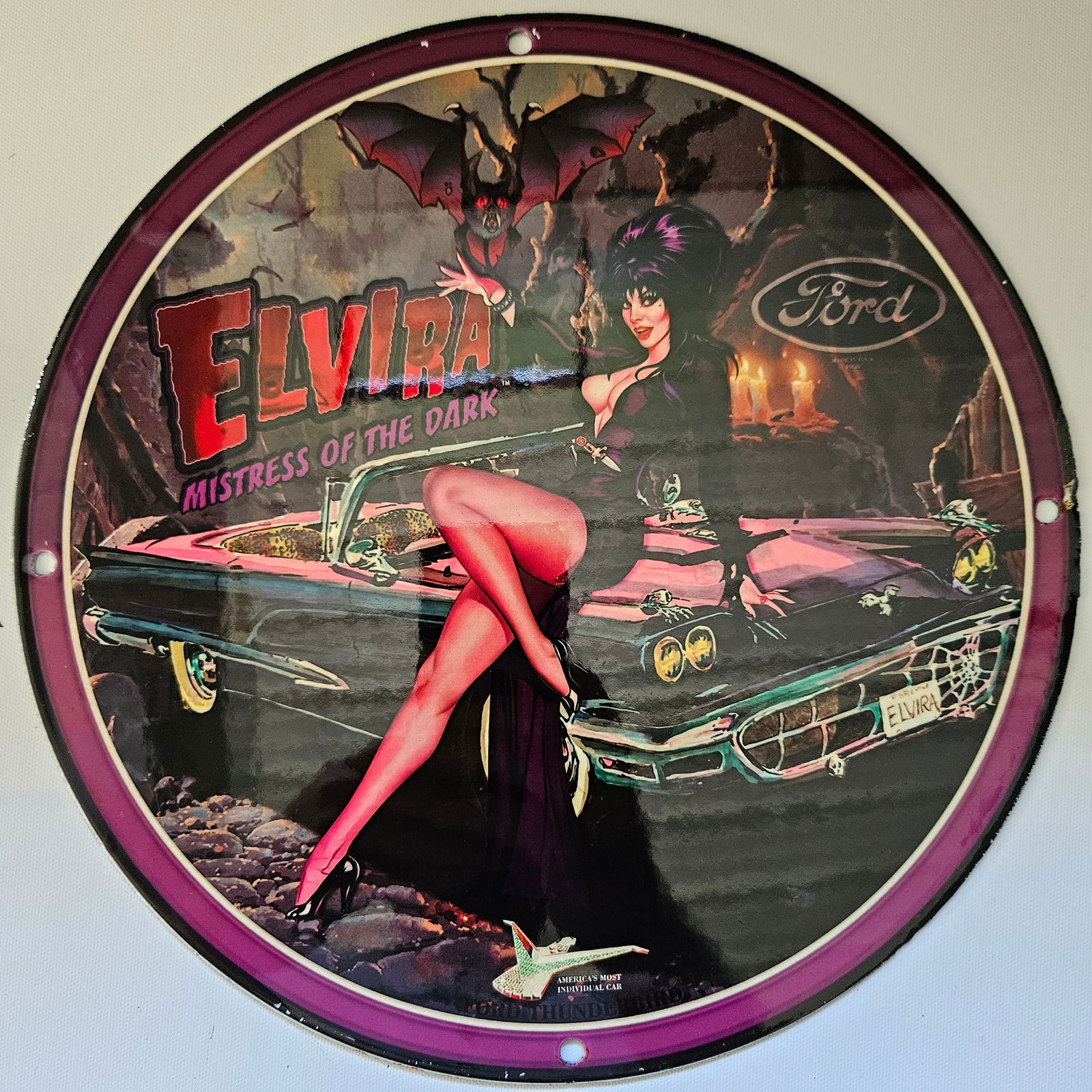 FORD THUNDERBIRD "ELVIRA" GAS OIL GARAGE MAN CAVE PORCELAIN SIGN (1 of 2)