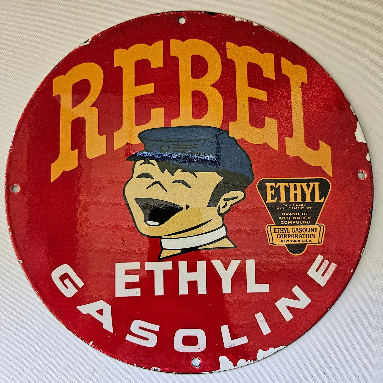REBEL ETHYL GASOLINE GAS OIL GARAGE MAN CAVE PORCELAIN SIGN (1 of 2)
