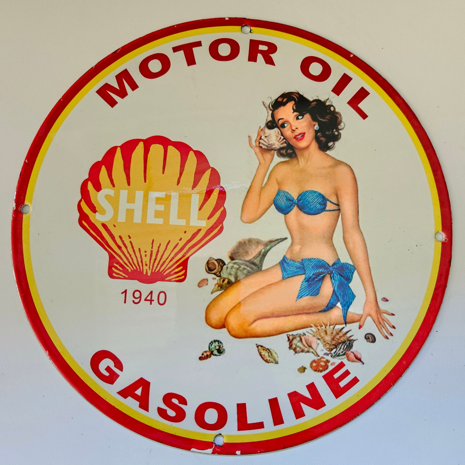 1940 SHELL MOTOR OIL GASOLINE GAS OIL GARAGE MAN CAVE PORCELAIN SIGN (1 of 2)