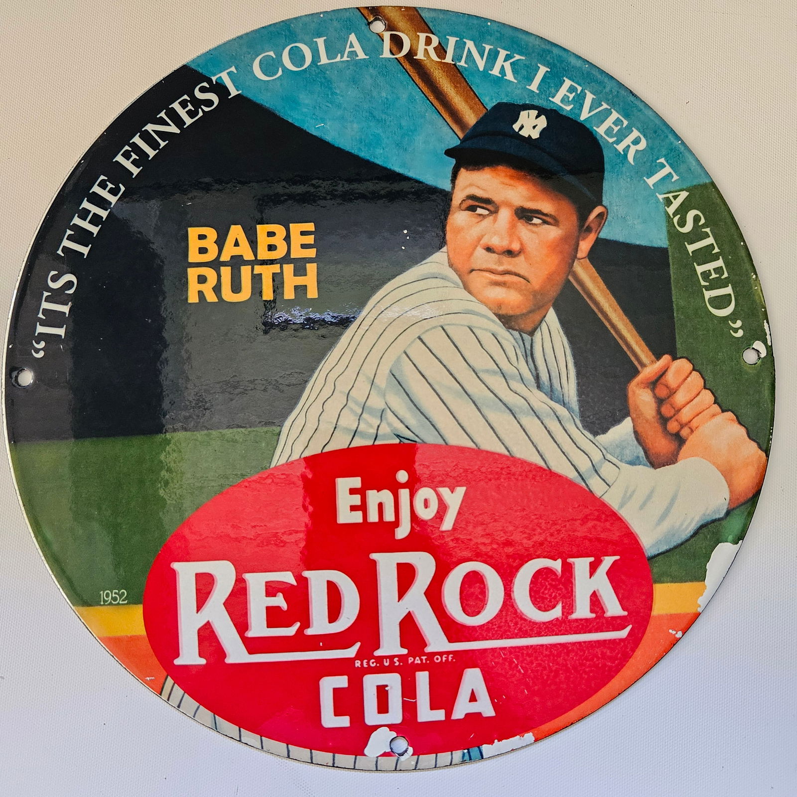 1952 ENJOY RED ROCK COLA "BABE RUTH" GAS OIL GARAGE MAN CAVE PORCELAIN SIGN (1 of 2)