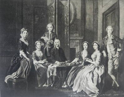 Vintage Photogravure: 'The Gascoigne Family' by George Knapton, Professionally Mounted: Presenting a splendid vintage photogravure of George Knapton's 'The Gascoigne Family,' this piece offers a glimpse into the domestic and aristocratic life of the 18th century. Capturing the essence