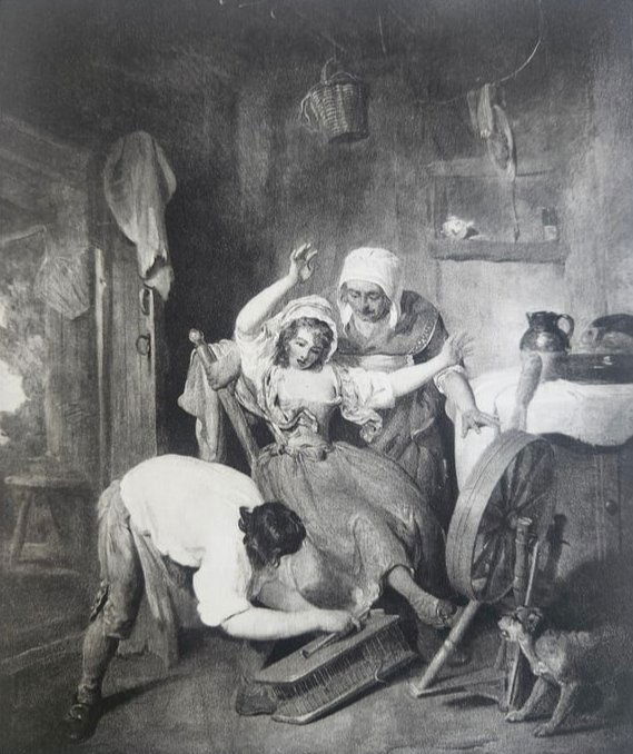 Antique 18th Century Gravure by Francis Wheatley: 'The Rat-Trap: Presenting a captivating vintage gravure print titled "The Rat-Trap" by renowned 18th-century artist Francis Wheatley, this piece measures approximately 7x9 inches and is expertly mounted on an 11x14