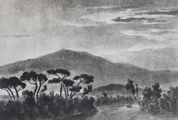 Vintage Gravure by John Robert Cozens: 'View on the Arno' - Mounted on Conservation Board: This auction features the distinguished gravure "View on the Arno" by John Robert Cozens, an artist renowned for his mastery in watercolor and profound landscapes. Measuring approximately 7x9 inches,