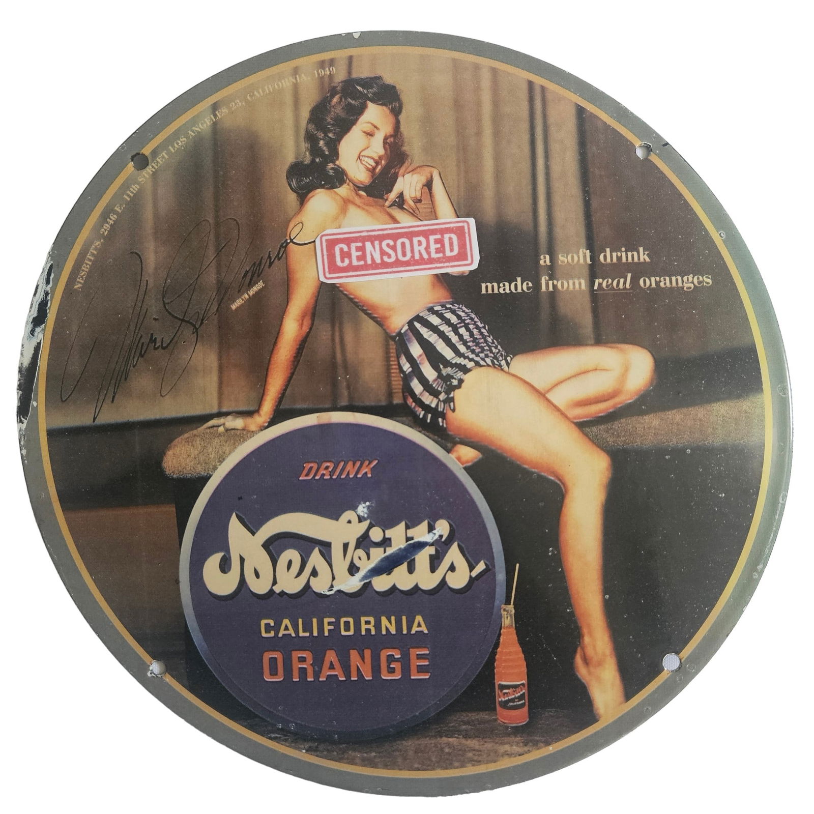 1949 Marilyn Monroe California Orange Porcelain Sign - 12" Vintage Beverage Advertising Collectible (1 of 3)