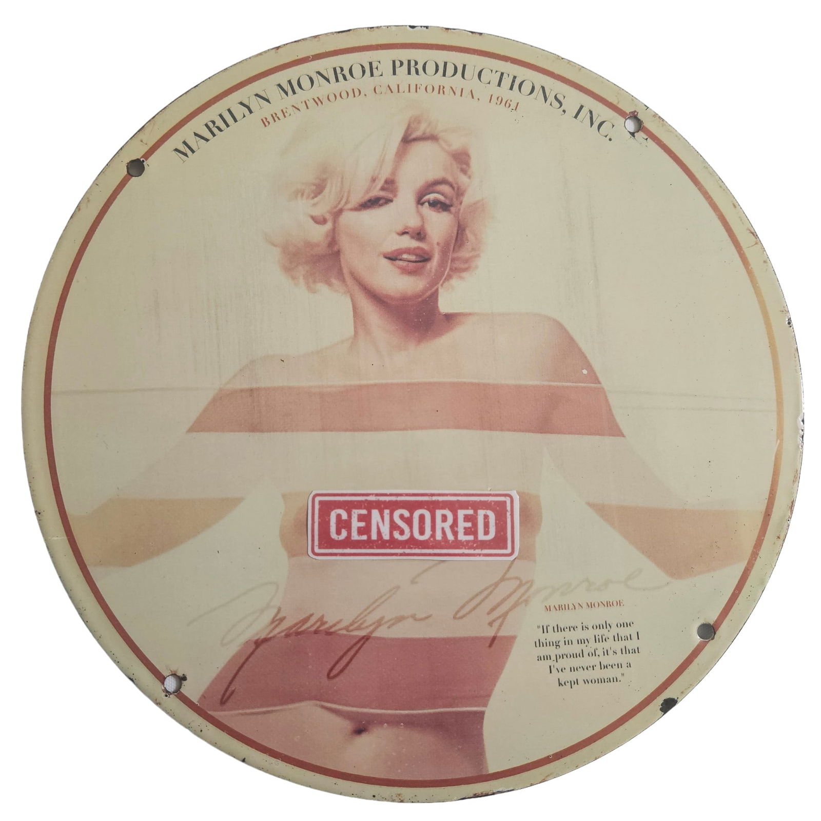 1961 Marilyn Monroe Productions Nude Porcelain Sign - 12" Vintage Hollywood Collectible: Step back into the golden age of Hollywood with this exquisite 1961 Marilyn Monroe Productions porcelain sign. Measuring 12 inches in diameter, this collectible features a glamorous yet intimate portr