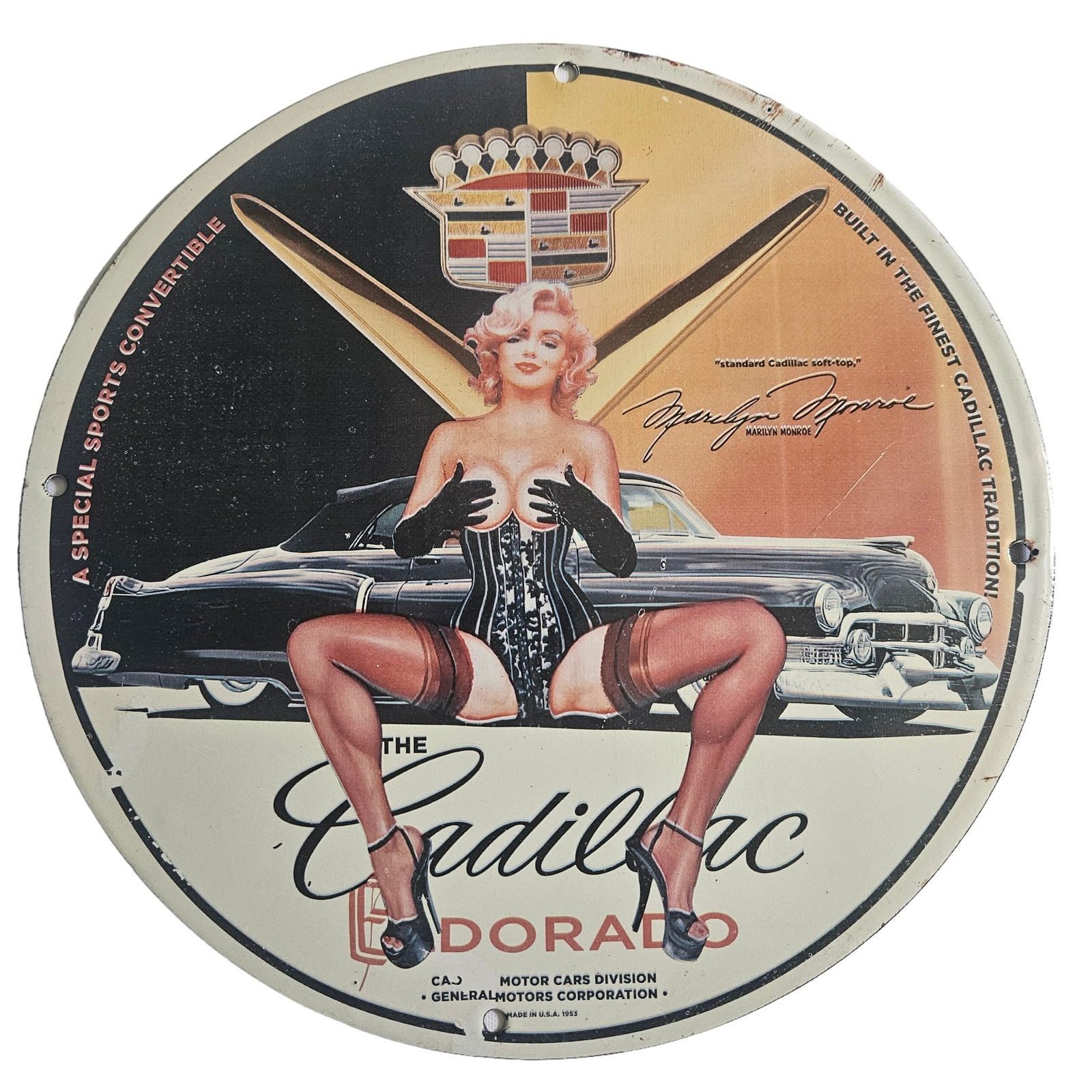 The Sensational Cadillac Eldorado" Vintage Porcelain Sign Featuring Marilyn Monroe, 1953 (1 of 3)