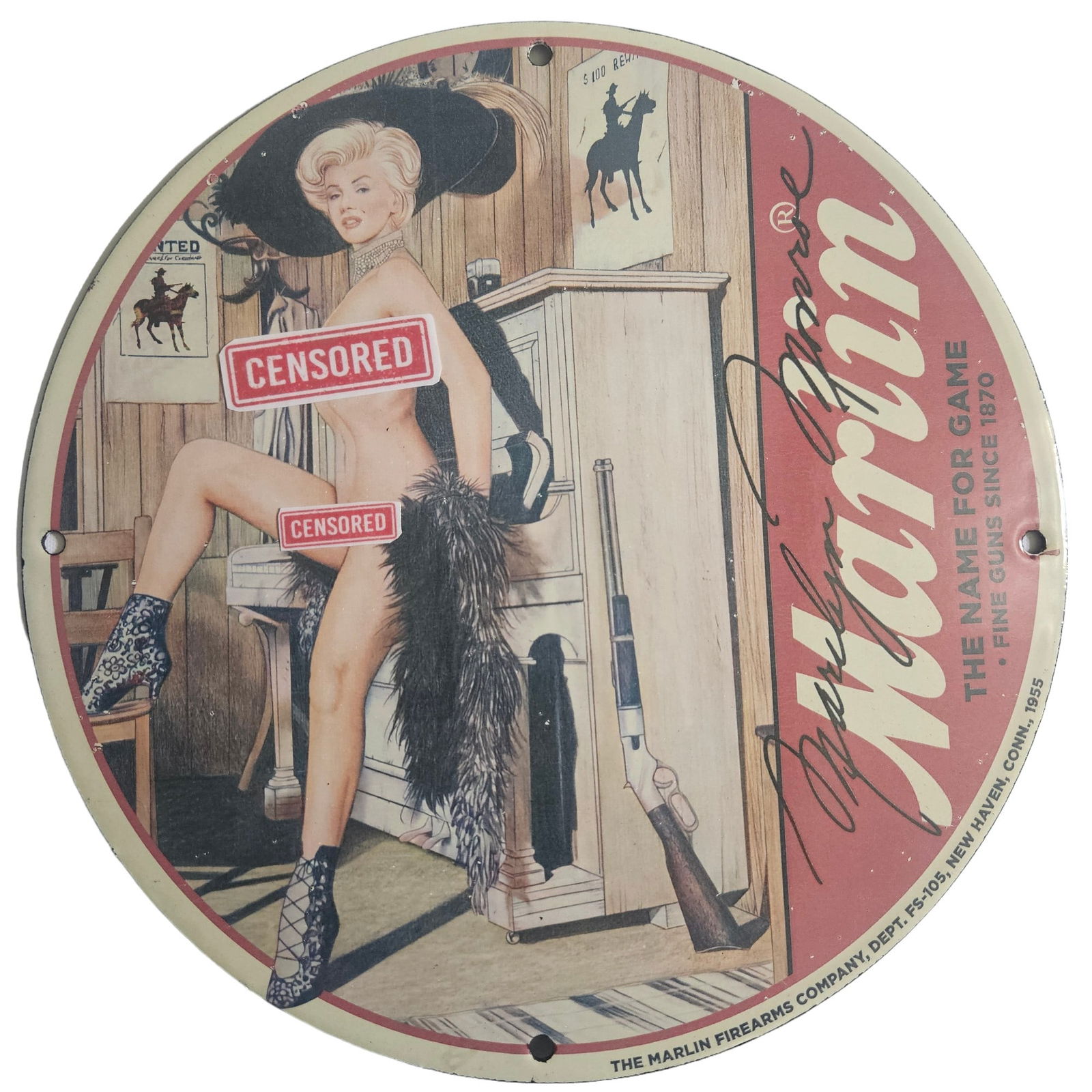 Vintage 1955 Marlin Firearms Company Porcelain Sign Featuring Marilyn Monroe Guns & Ammo Advertising (1 of 3)