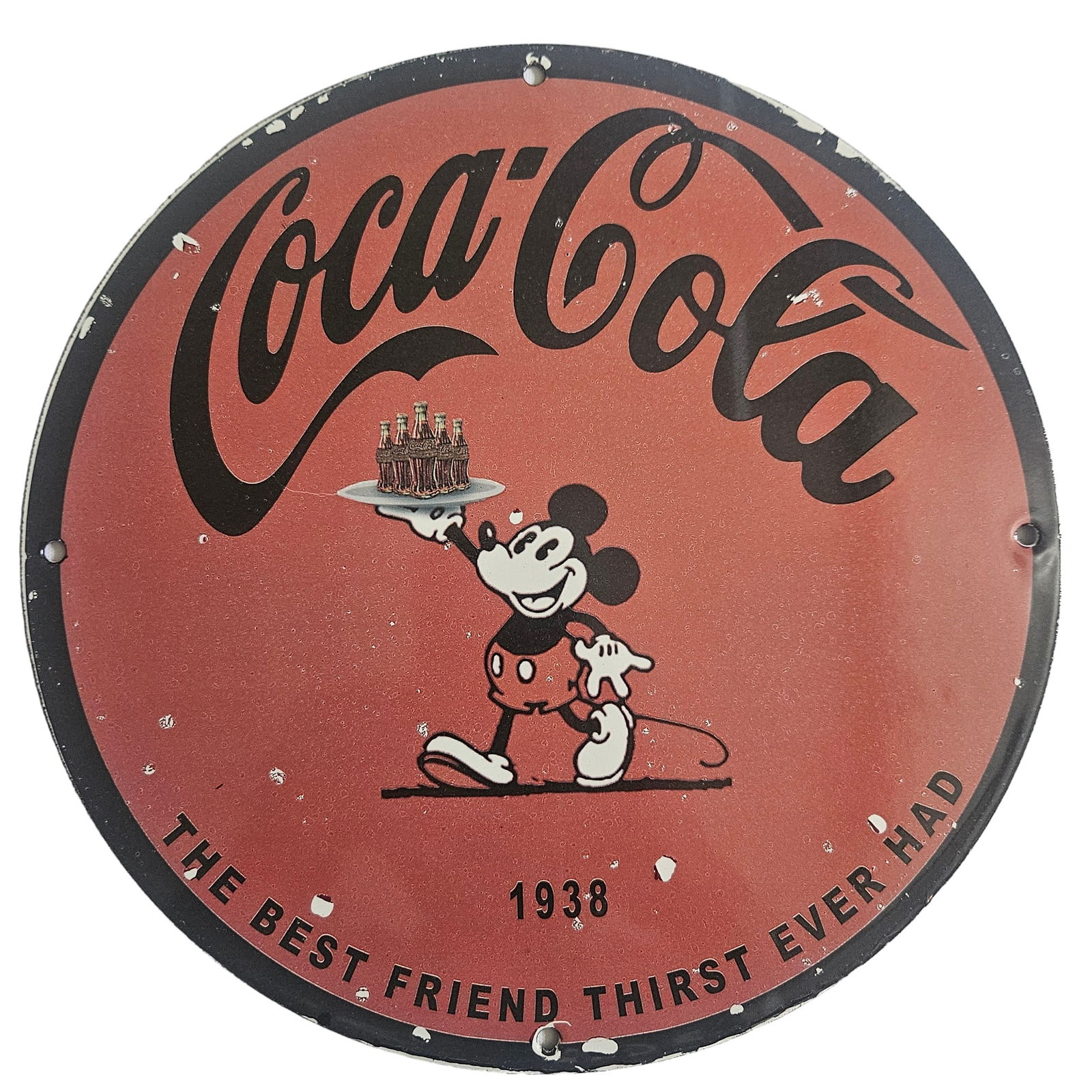 Vintage 1938 Coca-Cola Porcelain Sign Featuring Mickey Mouse Soda Pop Beverage Advertising Sign (1 of 2)