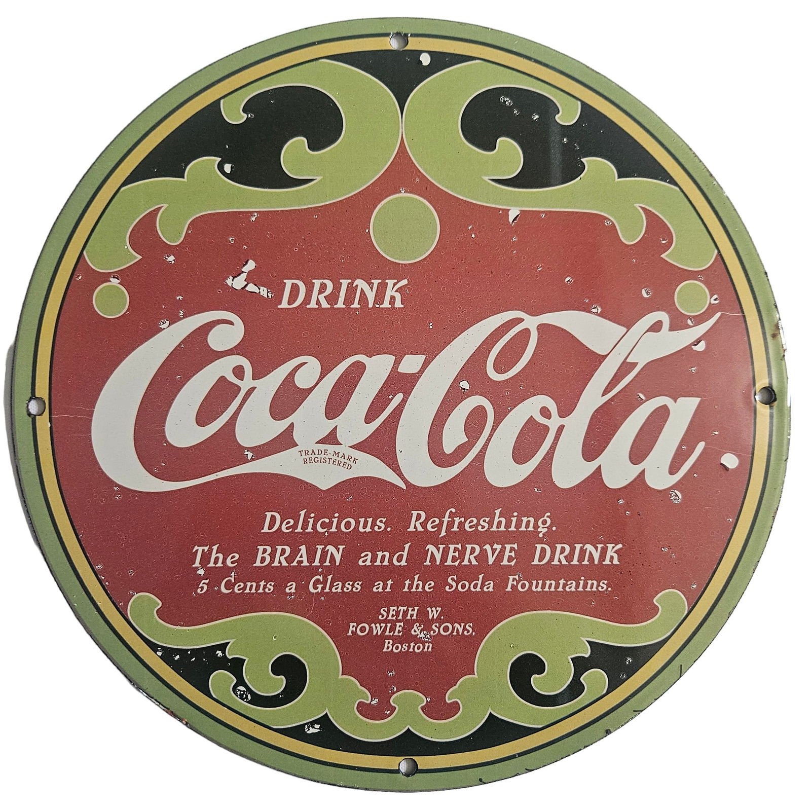 Vintage Drink Coca-Cola from Seth W. Fowle & Sons Porcelain Sign Soda Pop Beverage Advertising Sign (1 of 3)