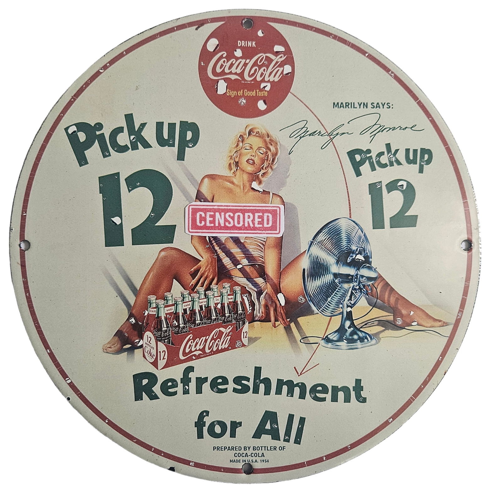 Vintage 1954 Drink Coca-Cola "Refreshment for All" Porcelain Sign Featuring Marilyn Monroe Soda Pop (1 of 3)