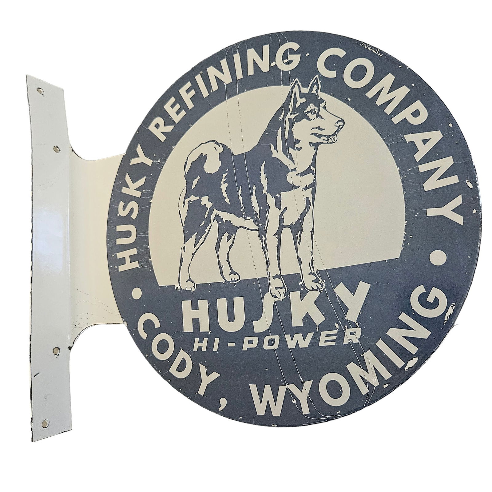 Vintage Husky Hi-Power by Husky Refining Co. Gas & Oil Advertising Porcelain Flange Sign (1 of 3)