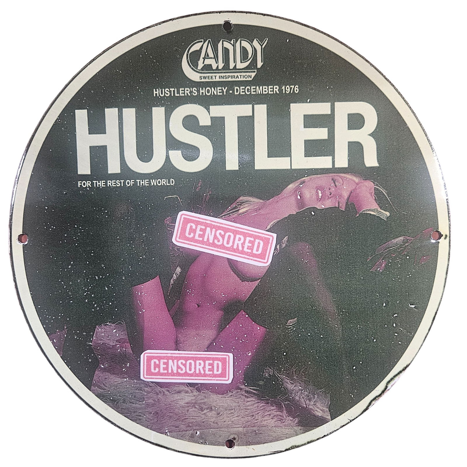 Vintage 12-inch Rare Porcelain Sign - Hustler's Honey December 1976: This rare, vintage 12-inch porcelain sign is a highly collectible piece from December 1976. Featuring the iconic 'Hustler's Honey' and styled with retro elements, this sign embodies the spirit of vint