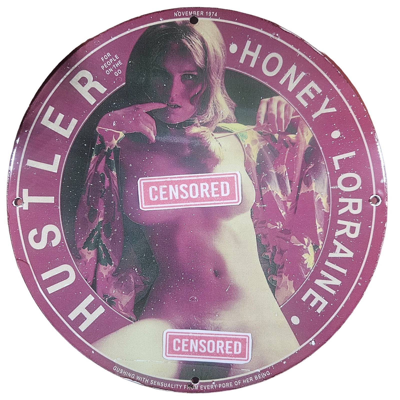 Rare Vintage 12-Inch Hustler Honey Lorraine Porcelain Sign - Nov 1974 - Collectible: This vintage 12-inch collectible porcelain sign from November 1974 is a rare find for enthusiasts and collectors. Featuring captivating artwork with the name 'Hustler Honey Lorraine' and exquisite det