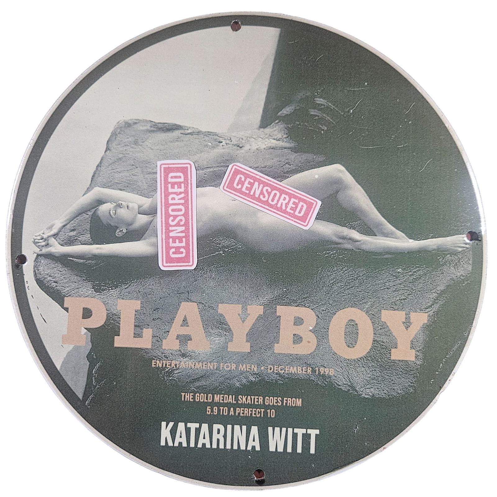 Vintage 1998 Playboy Porcelain Sign - Katarina Witt - 12-Inch Collectible: For sale is a rare and unique 12-inch vintage porcelain sign featuring the December 1998 issue of Playboy, starring the iconic Katarina Witt. This collectible sign captures the elegance and allure of