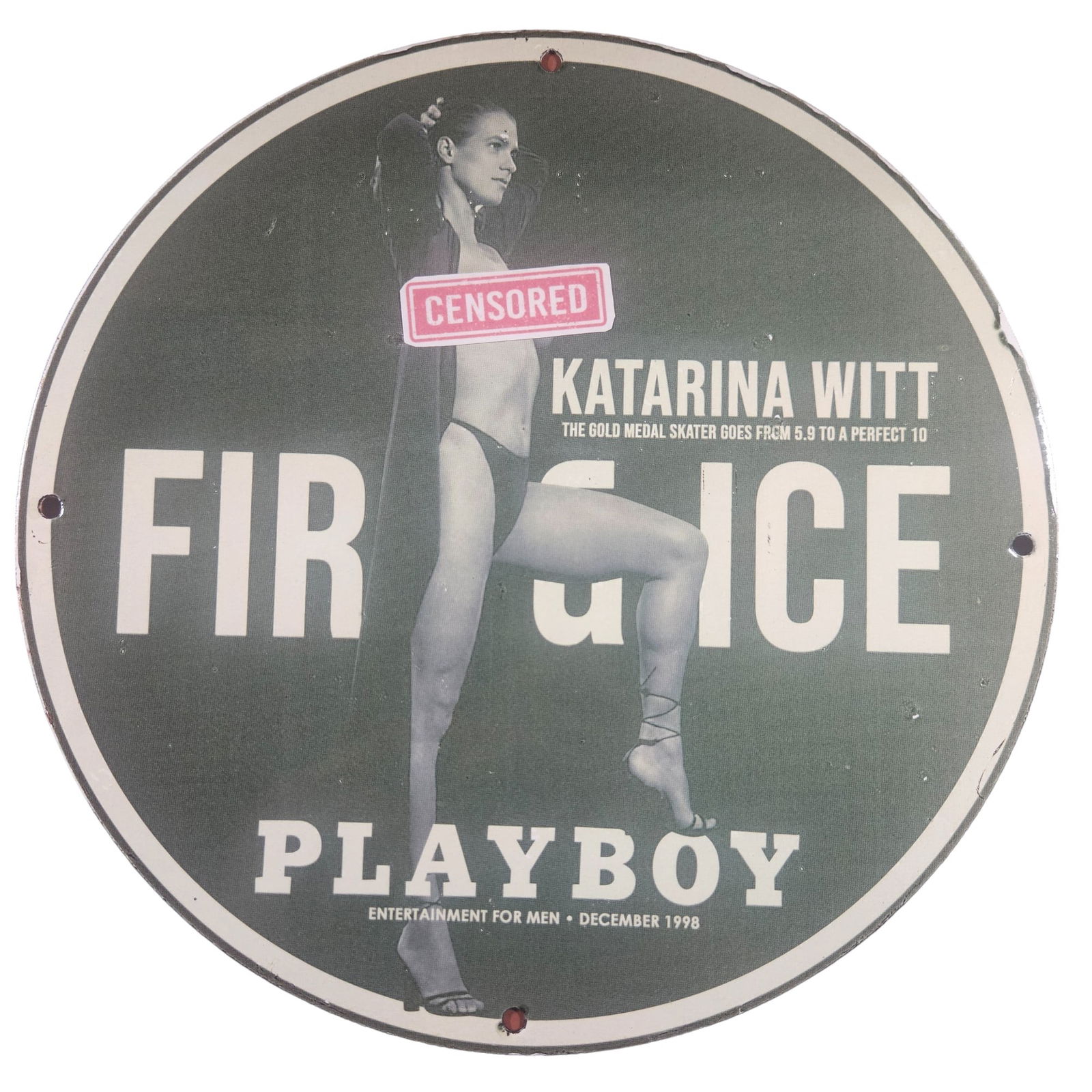 Vintage 1998 Playboy Porcelain Sign - Katarina Witt - 12-Inch Collectible: For sale is a rare and unique 12-inch vintage porcelain sign featuring the December 1998 issue of Playboy, starring the iconic Katarina Witt in the "Fire & Ice" pictorial. This collectible sign captur