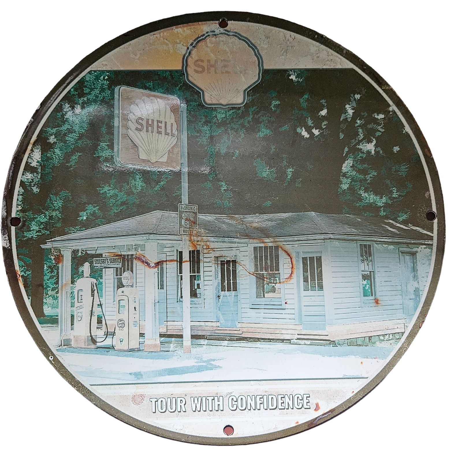 Vintage 12" Shell Gas Station Porcelain Sign - Classic Americana: For auction is a vintage 12-inch porcelain sign depicting a classic Shell gas station scene, capturing a piece of Americana history. This round sign, with the iconic Shell logo and the phrase "Tour wi