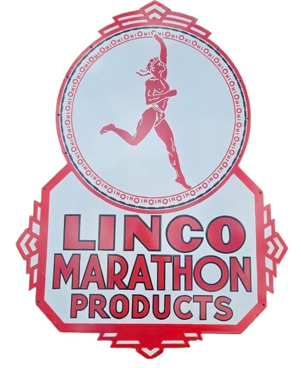 Vintage Linco Marathon Products DSP Diecut Sign with Runner Logo - 57"x42" (1 of 2)