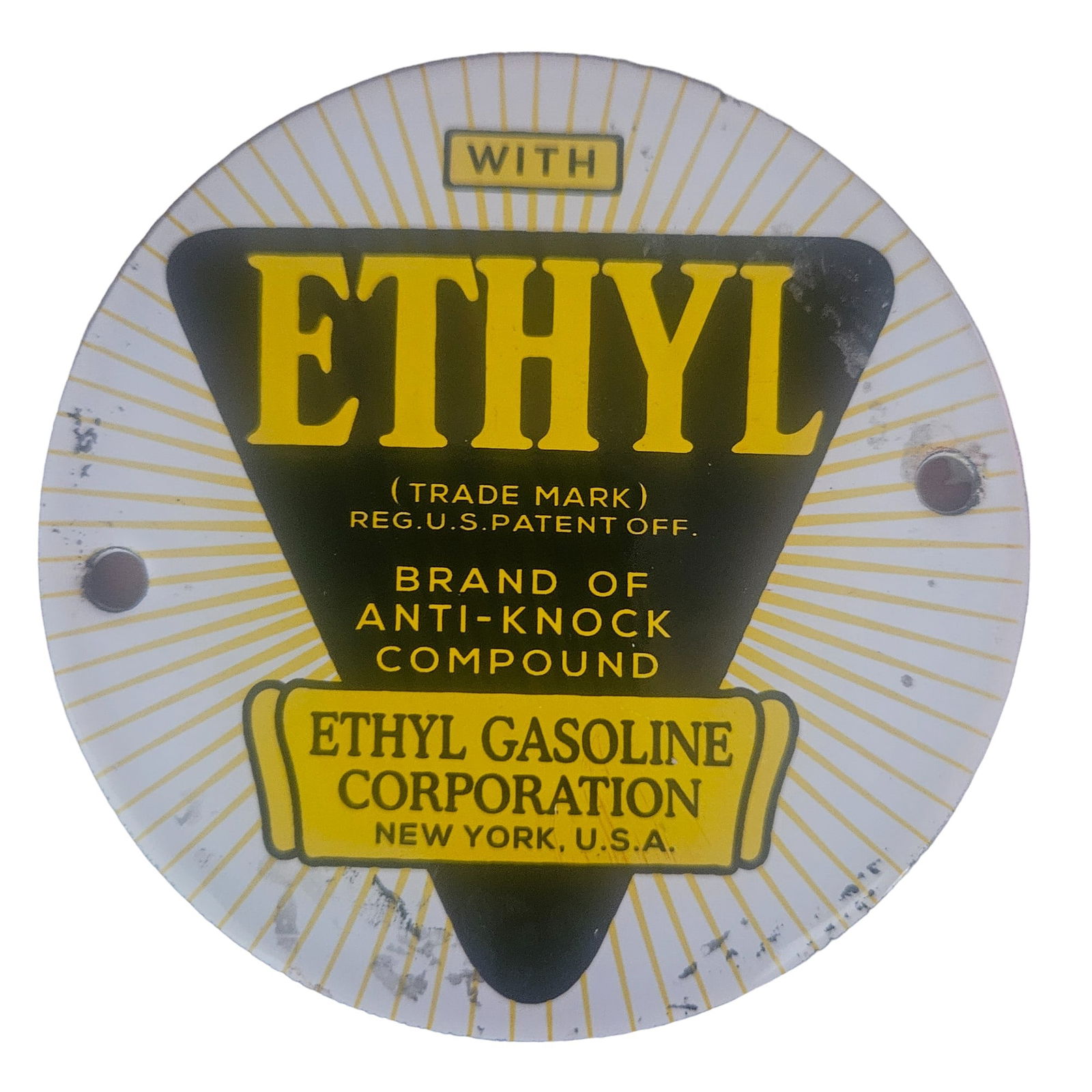 Rare Vintage 4-Inch Ethyl Gasoline Corporation Porcelain Sign - Brand of Anti-Knock Compound (1 of 2)