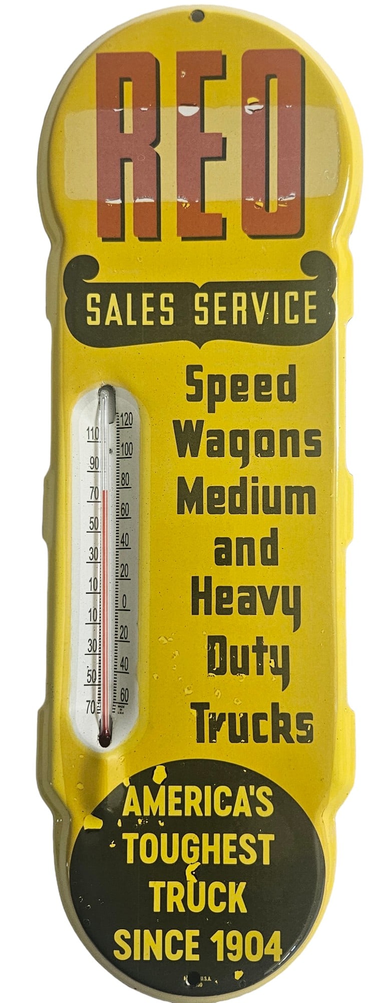 Vintage REO Sales Service Porcelain Thermometer - America's Toughest Truck Since 1904: Celebrate the legacy of REO trucks with this vintage porcelain thermometer, a rare and highly collectible piece of automotive history. Measuring approximately 17"x6.5", this thermometer features the b