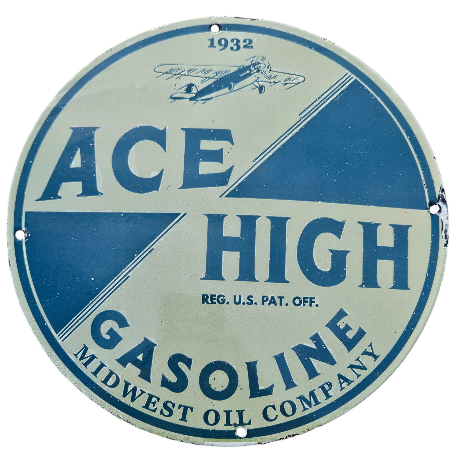 Vintage 1932 Ace High Gasoline Porcelain Sign - Rare Antique Collectible: Discover a piece of Americana with this impressive vintage 1932 Ace High Gasoline porcelain sign. This rare antique collectible is a testament to the rich history of the Midwest Oil Company and its ic