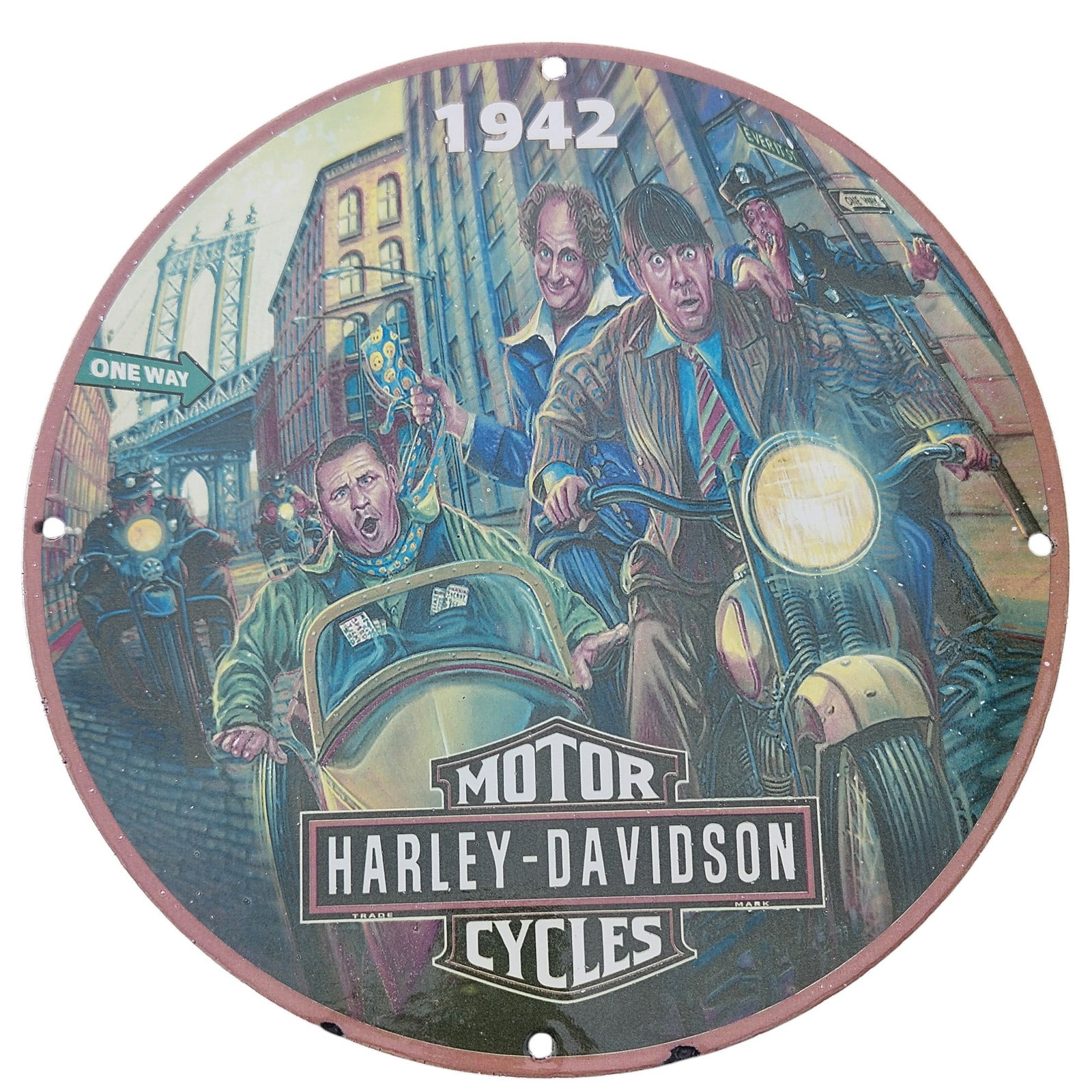 Vintage Harley-Davidson Cycles Porcelain Sign - Approx. 12" - 1942 Three Stooges Rare Design: This vintage Harley-Davidson Cycles porcelain sign, measuring approximately 12 inches in diameter, features a fun and unique Three Stooges design from 1942. The vibrant imagery showcases the beloved c