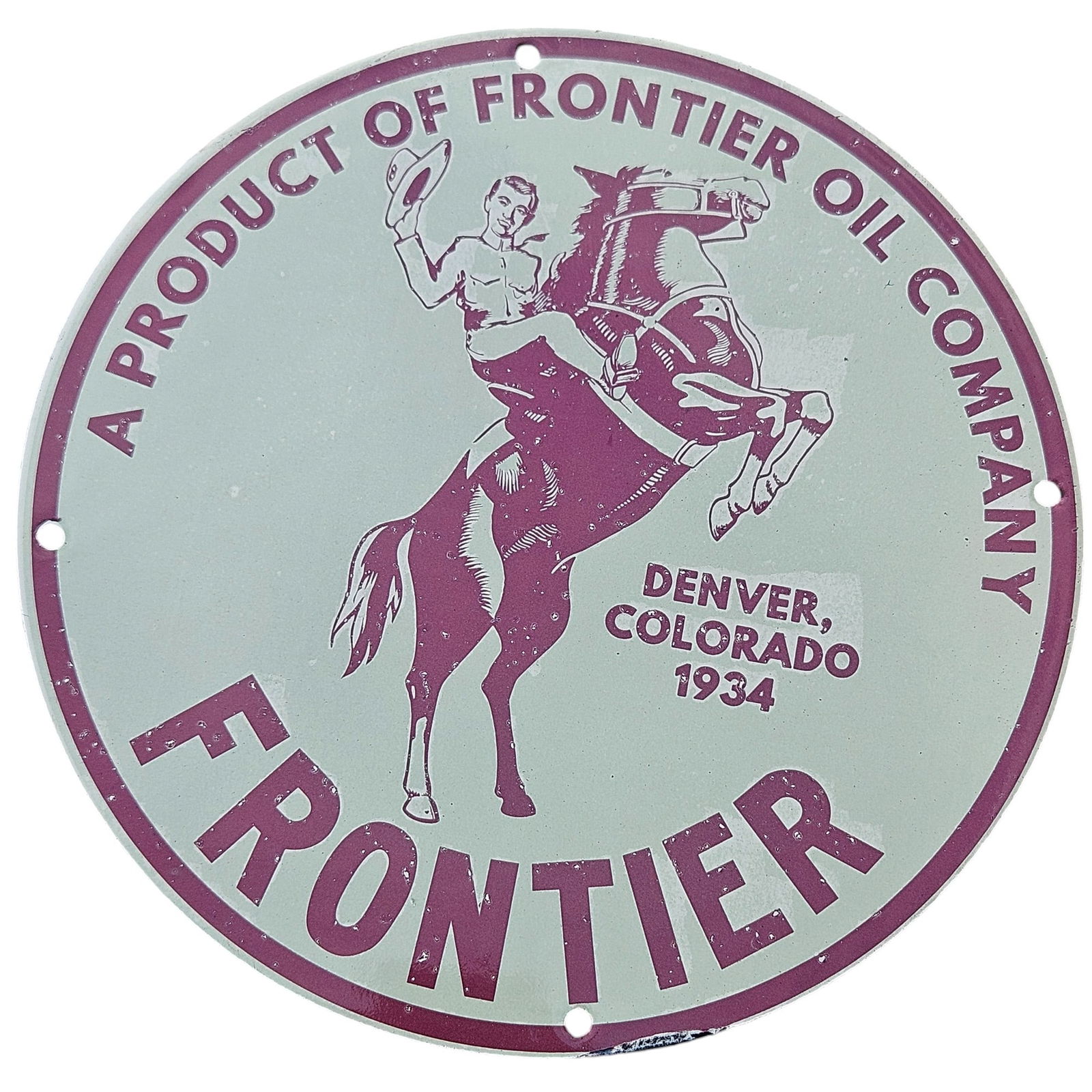 Vintage Frontier Oil Company Porcelain Sign - Approx. 12" - 1934 Denver, Colorado (1 of 2)