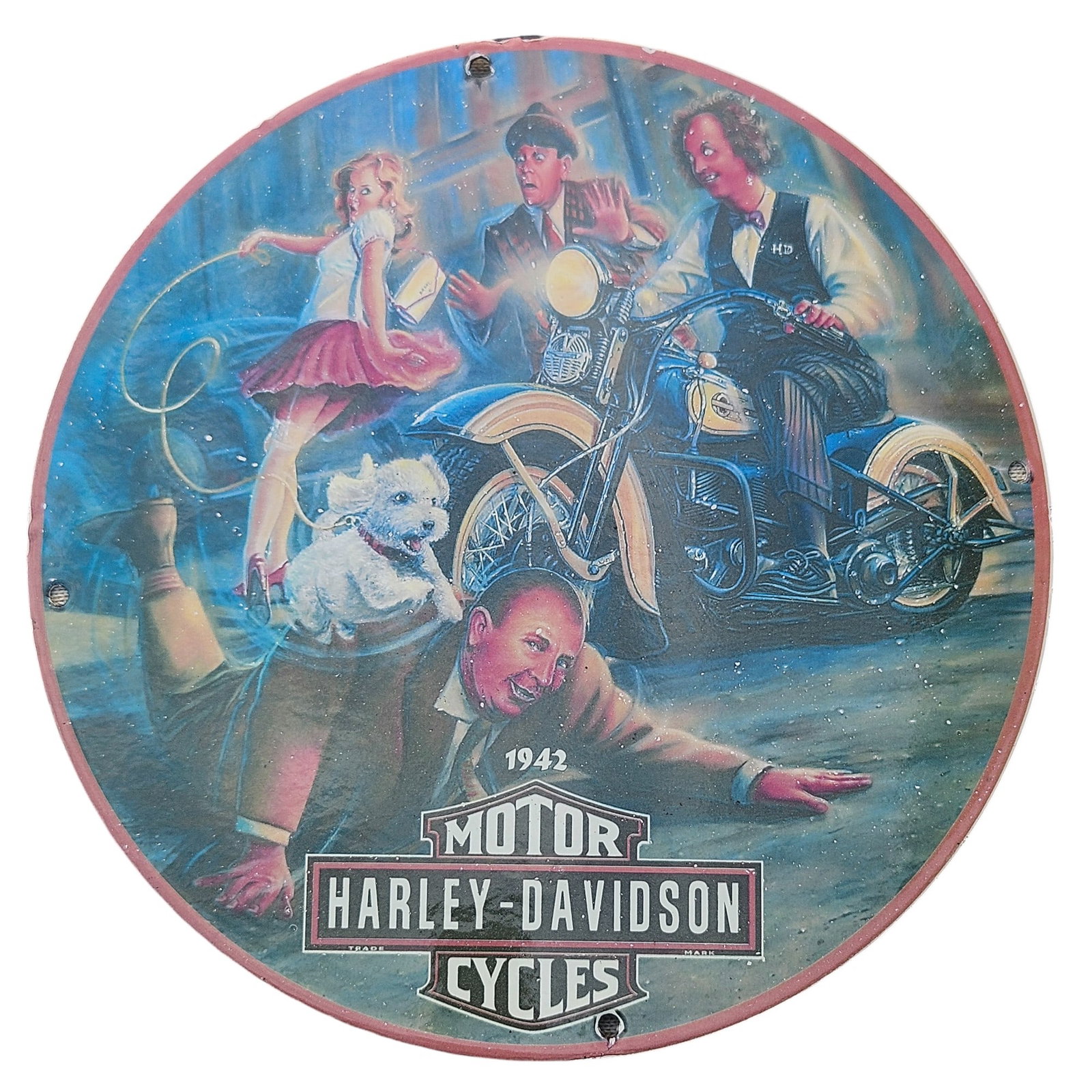 Rare 1942 Harley-Davidson Cycles Vintage Porcelain Sign: This vibrant 1942 Harley-Davidson Cycles porcelain sign features an eye-catching depiction of iconic motorcycle riders in action, capturing the spirit of Harley?s timeless appeal. The rich colors and