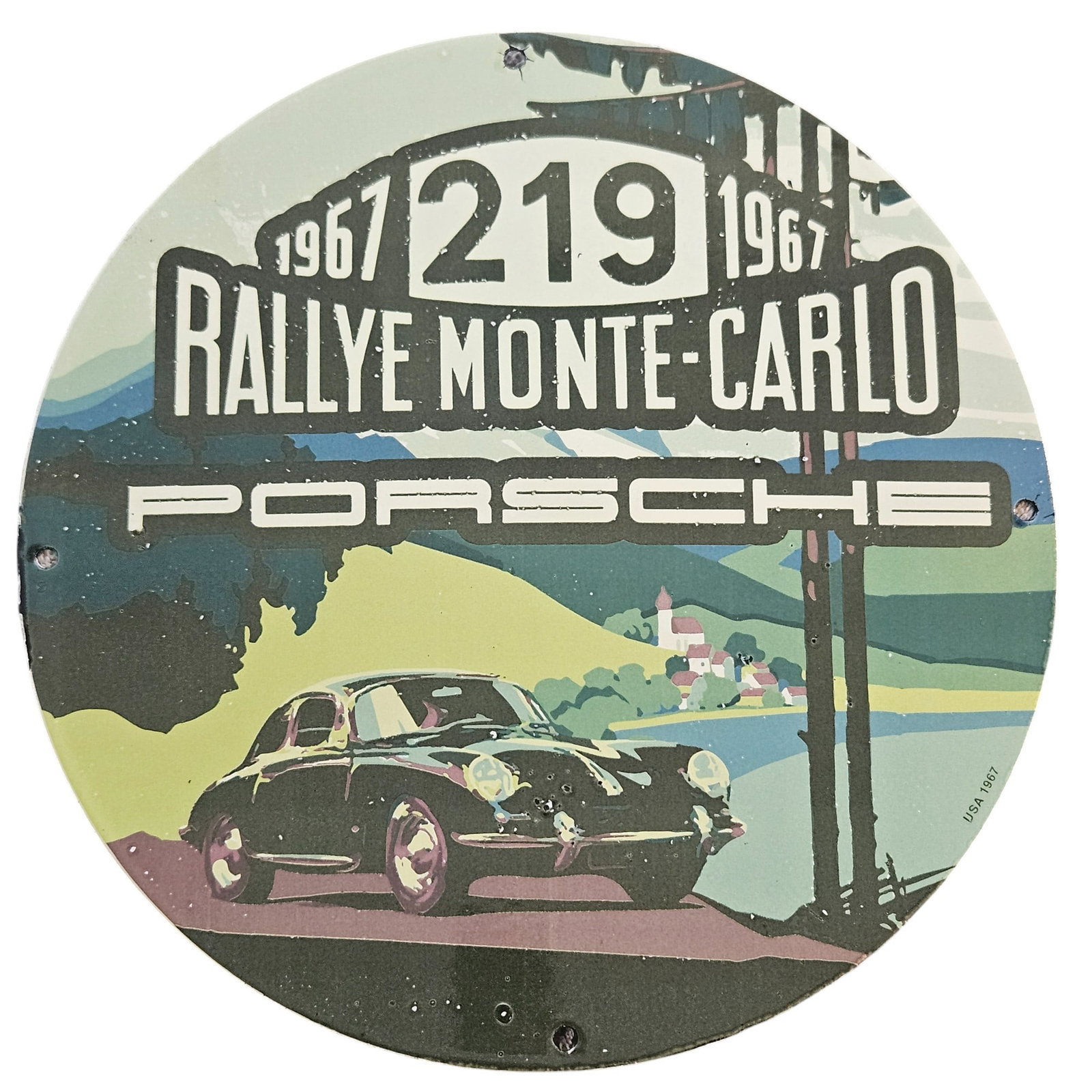 Vintage 1967 Porsche Rallye Monte-Carlo Porcelain Sign - 12 Inches Circular (1 of 2)