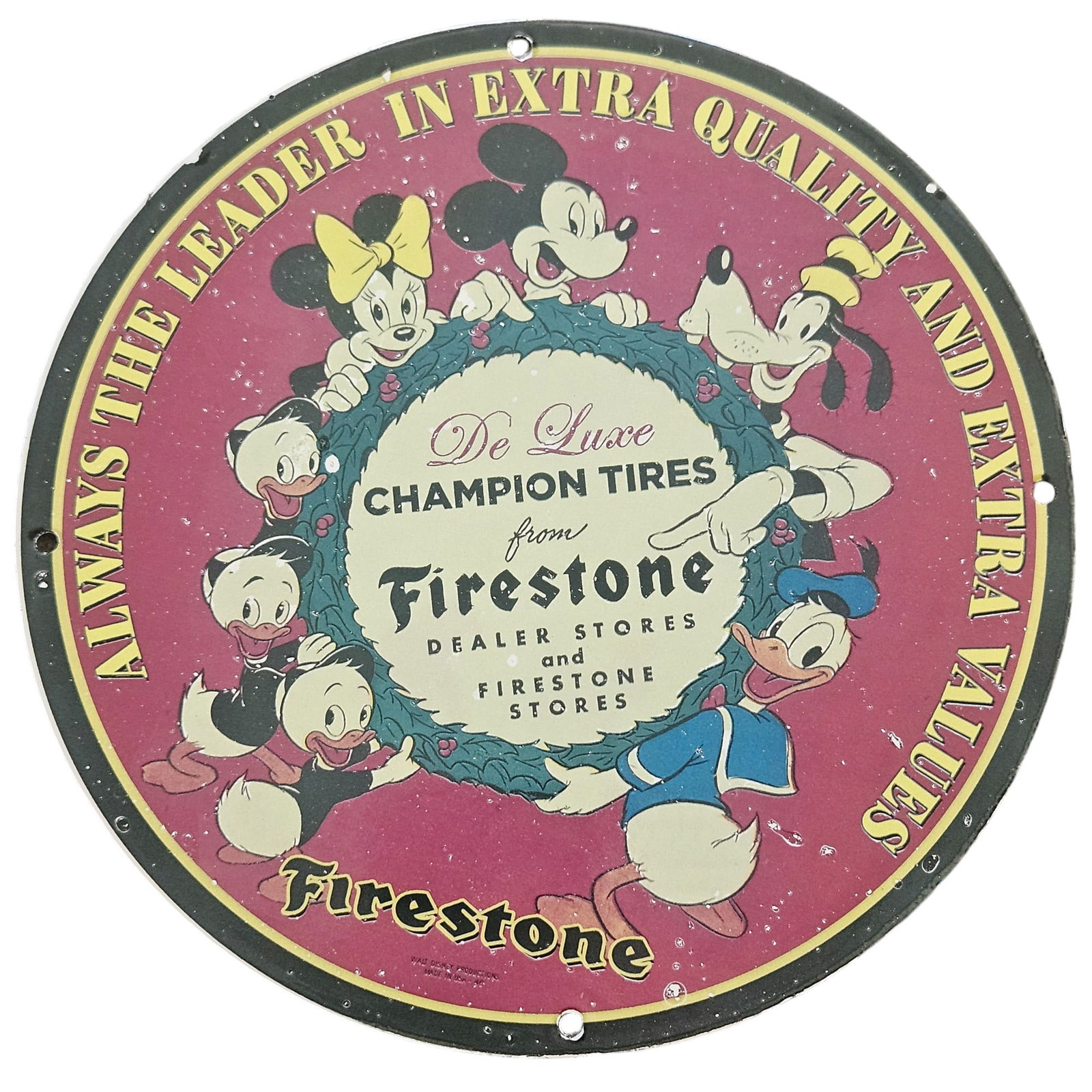 Festive 12" Firestone Tire Porcelain Sign with Disney Characters - Christmas Collectible (1 of 2)