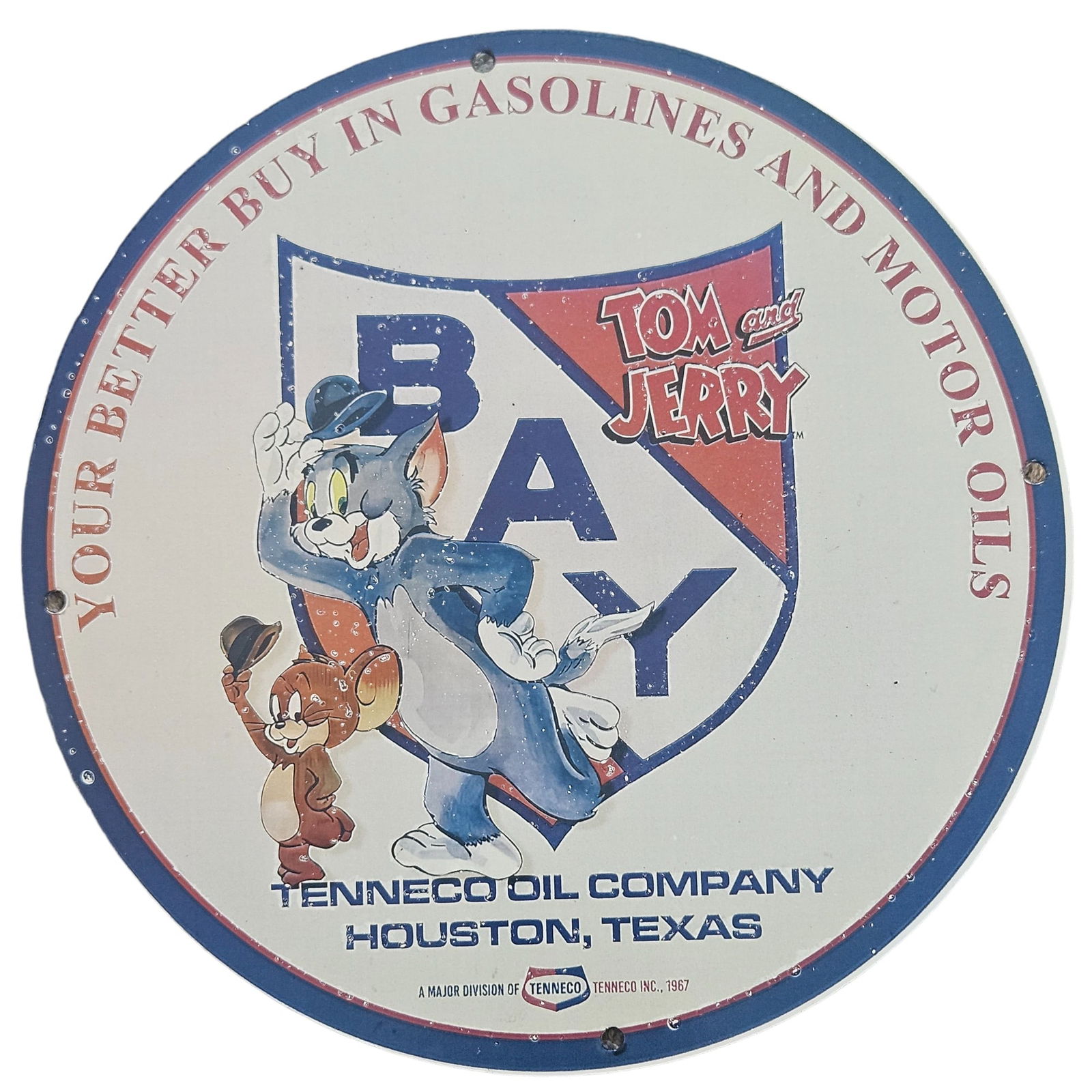Rare Vintage Tom and Jerry BAY Gasoline Porcelain Sign - Tenneco Oil Collectible (1 of 2)