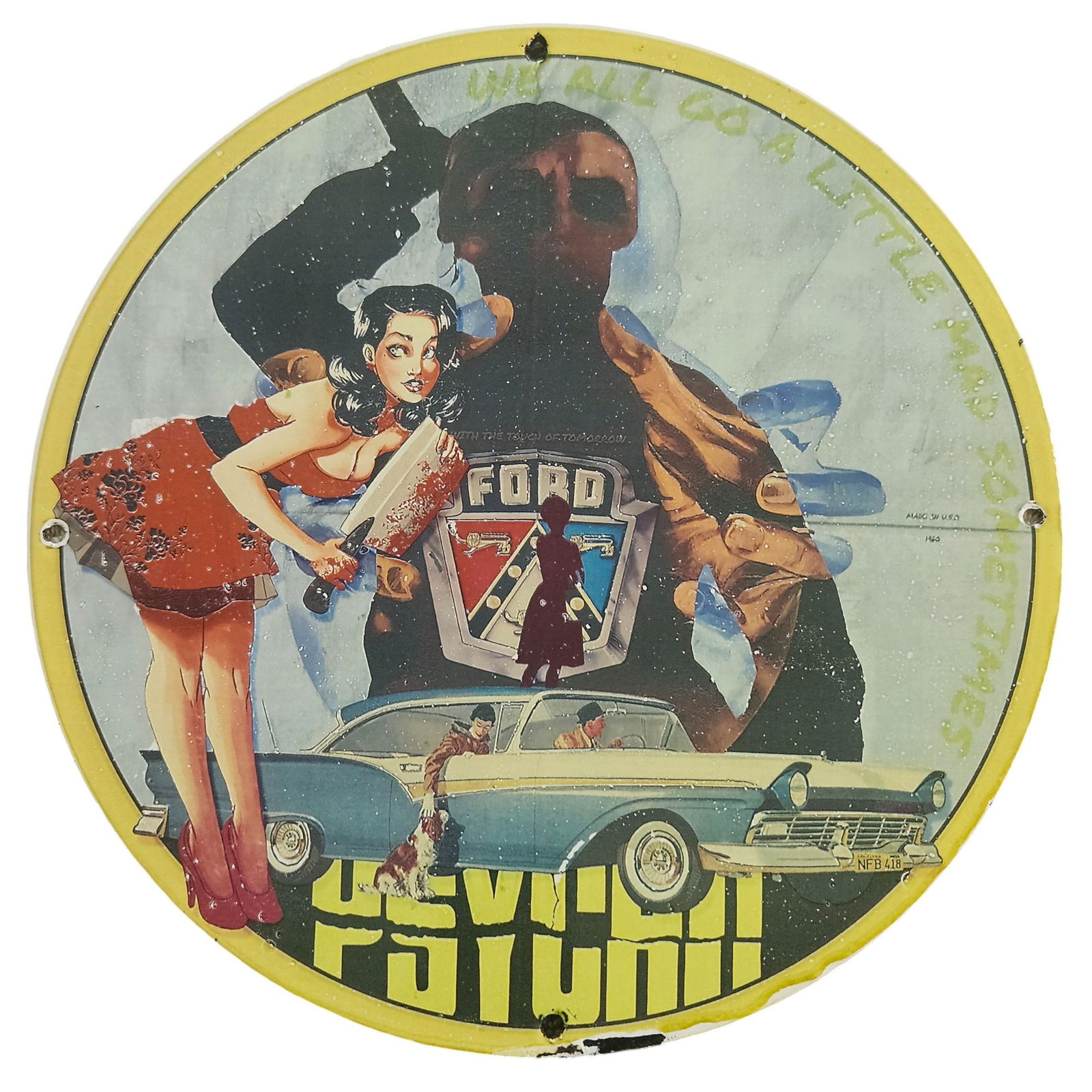 Vintage 12-Inch Porcelain Sign: Nostalgic Pin-Up & Ford Car Artwork (1 of 2)