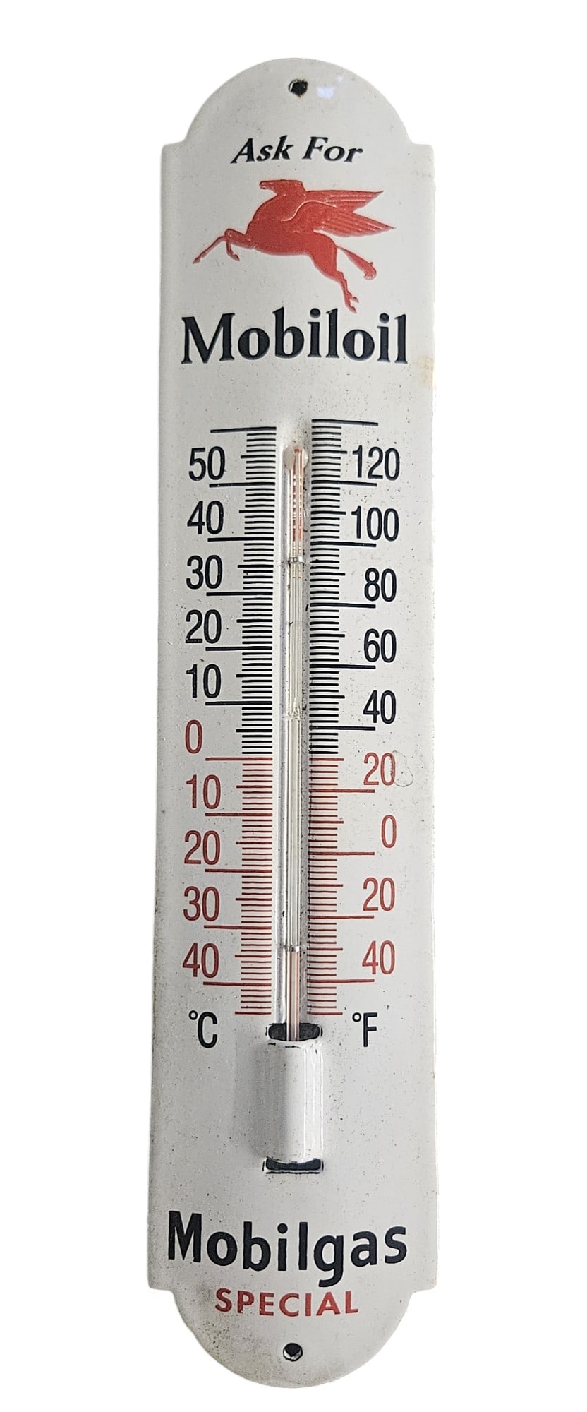 Vintage Mobiloil Porcelain Thermometer Sign with Pegasus Logo (1 of 2)