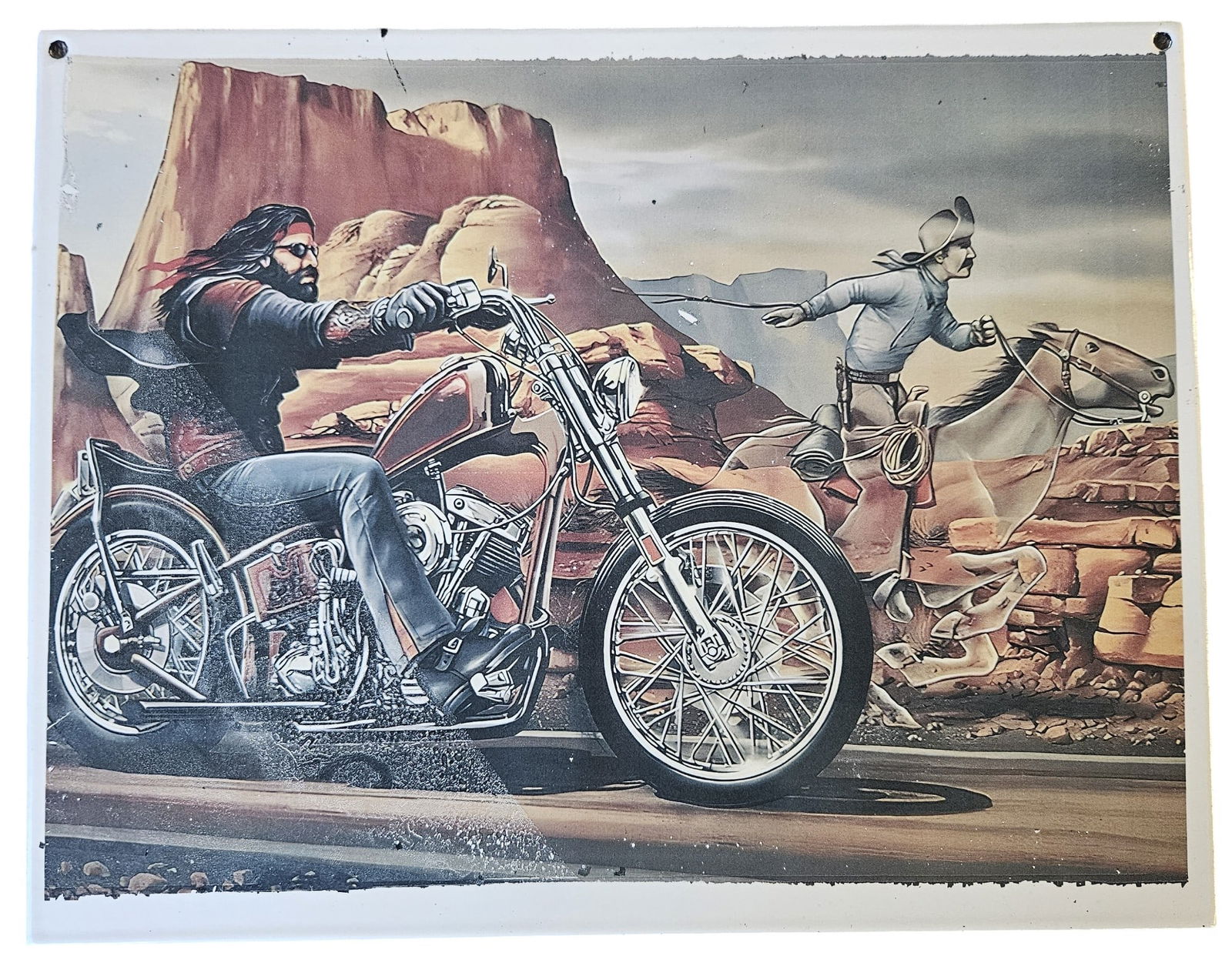 Vintage David Mann Easyriders Biker Porcelain Sign: "Chopper vs. Cowboy" (16"x12.5") (1 of 2)