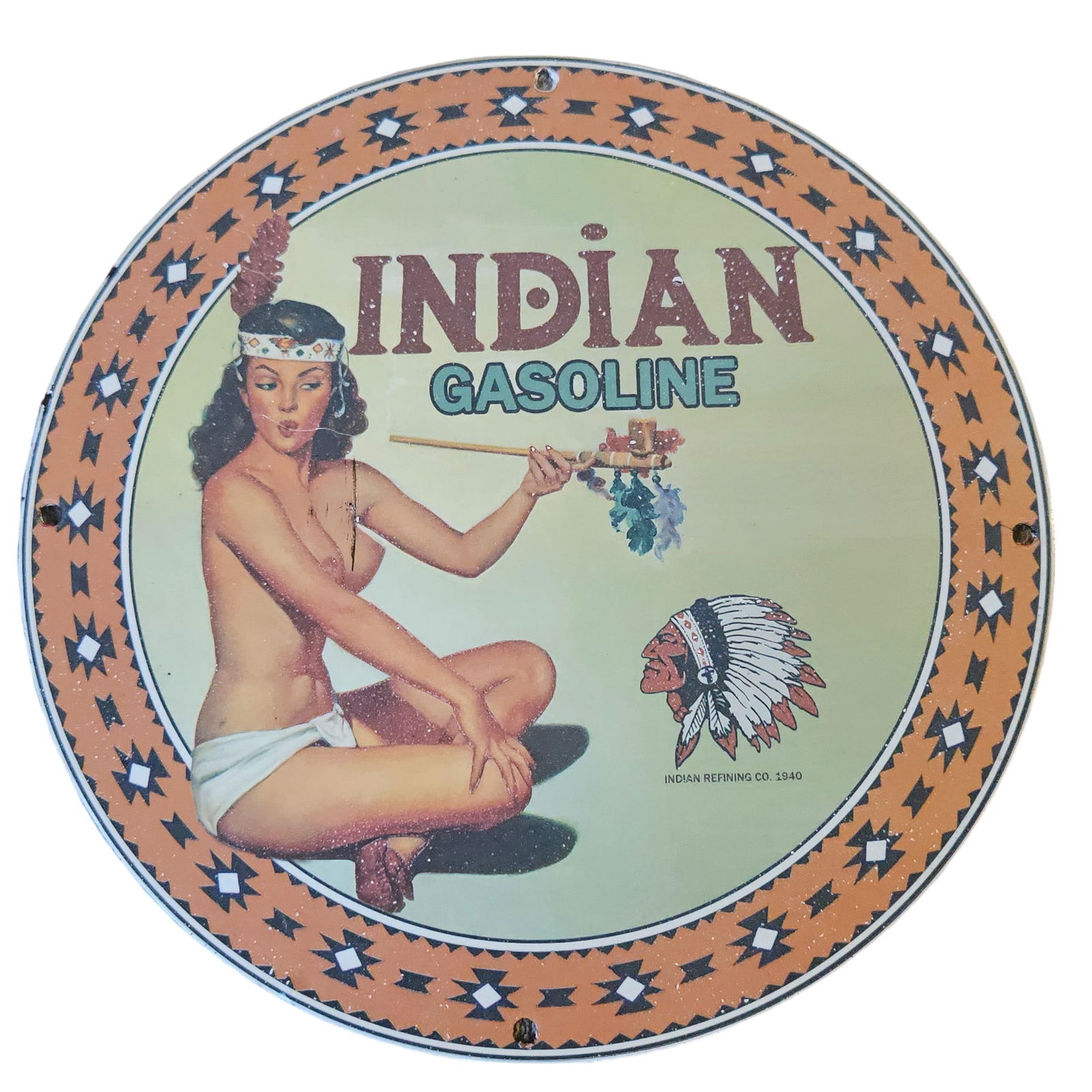 Vintage Indian Gasoline Porcelain Sign: “Pin-up Girl Smoking a Peace Pipe” (Approximately (1 of 2)