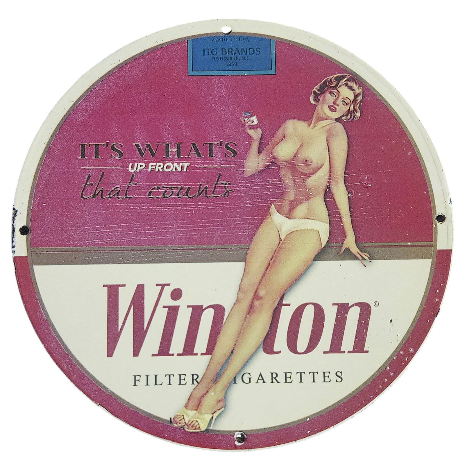 Winston Cigarettes Porcelain Sign - Vintage Advertising with Pin-Up Art - 1950s (1 of 2)