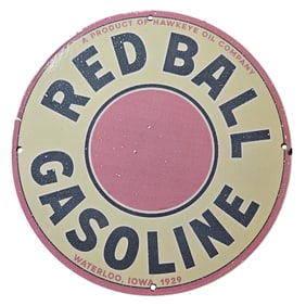 1. Rare Vintage 1929 Red Ball Gasoline Porcelain Sign - Hawkeye Oil Company Collectible
