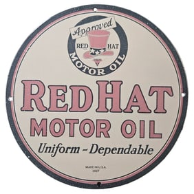 2. Vintage 1927 Red Hat Motor Oil Approved Porcelain Sign - Collectible & Dependable