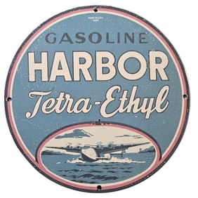 7. Vintage Harbor Tetra-Ethyl Gasoline Porcelain Sign - Americana Collectible