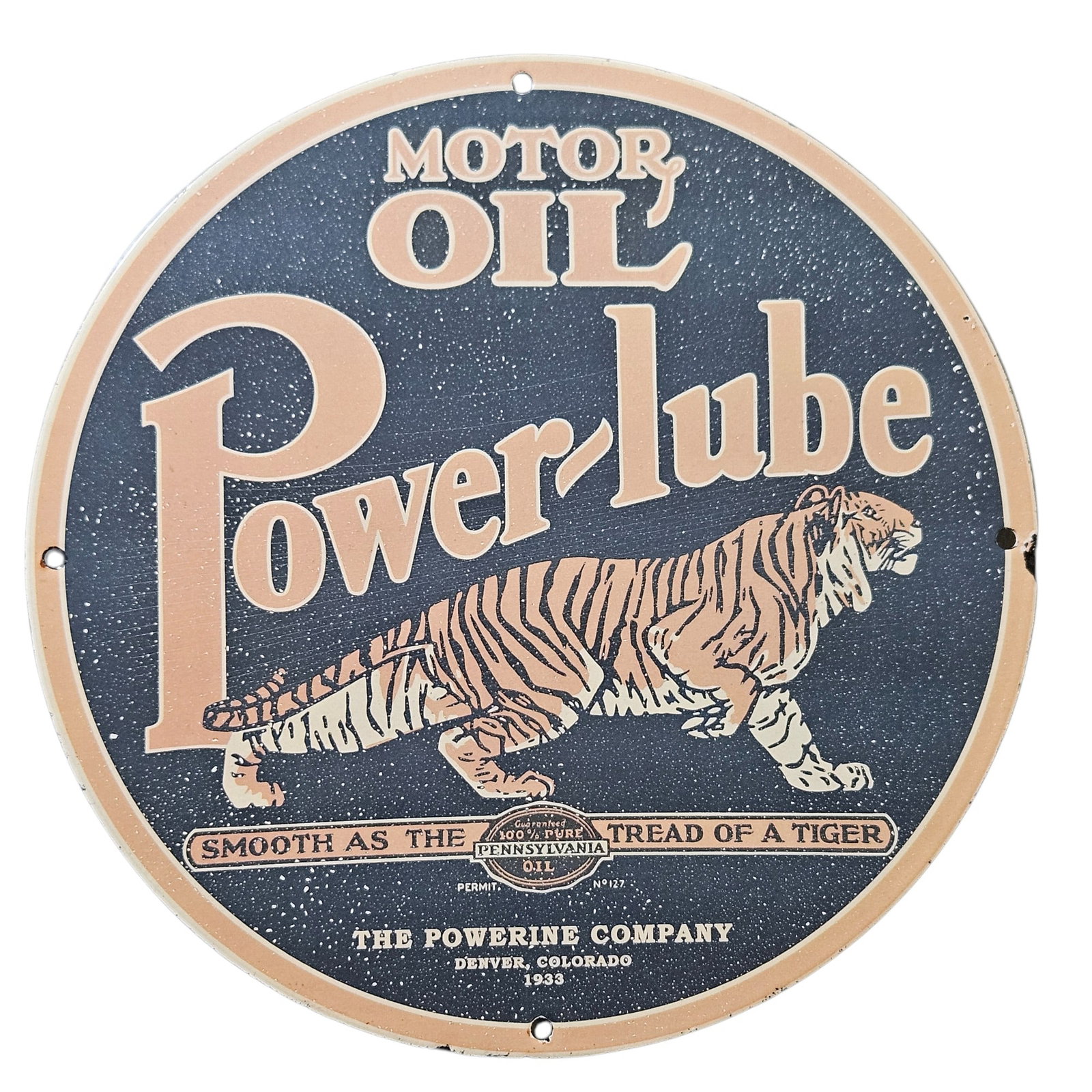 12. Vintage 1933 Power-Lube Motor Oil Porcelain Sign - Rare Collectible with Tiger Graphic: This stunning vintage porcelain sign dates back to 1933 and is a rare collectible piece that showcases the Power-Lube motor oil brand, proudly produced by The Powerine Company in Denver, Colorado. The