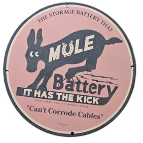 19. Vintage 1935 Mule Battery Porcelain Sign - Unique Collectible with Iconic Design