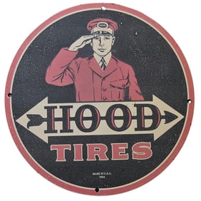 20. Vintage 1934 Hood Tires Porcelain Sign - Classic Automotive Memorabilia