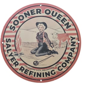 24. Vintage 1955 Sooner Queen Salyer Refining Company Porcelain Sign - Oklahoma Collectible
