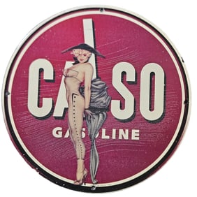 26. Vintage Calso Gasoline Porcelain Sign with Classic Pin-Up Art - Collectible Decor