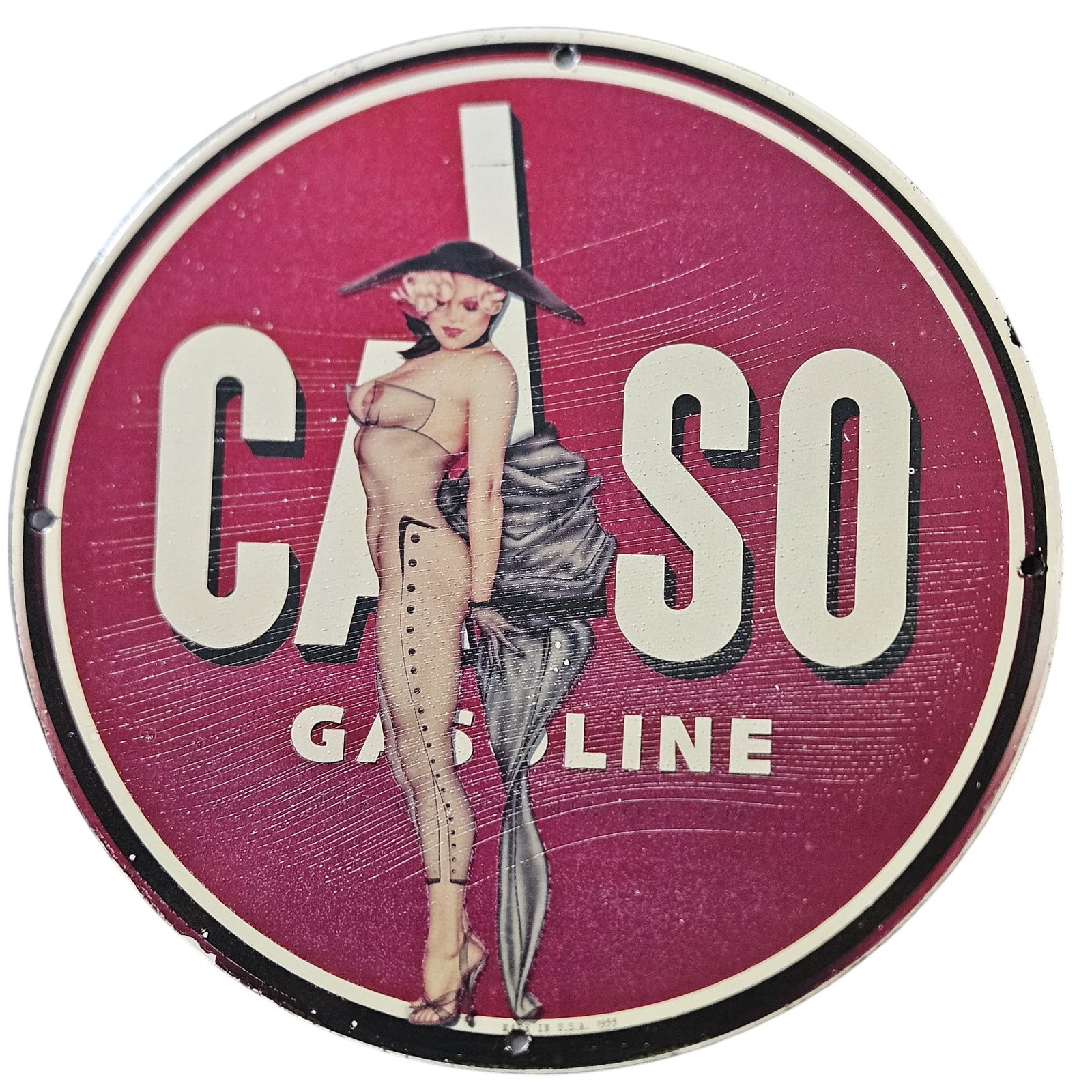 26. Vintage Calso Gasoline Porcelain Sign with Classic Pin-Up Art - Collectible Decor: This exquisite vintage Calso gasoline porcelain sign is a must-have for any serious collector of automotive memorabilia or vintage advertising. Measuring approximately 12 inches in diameter, this icon